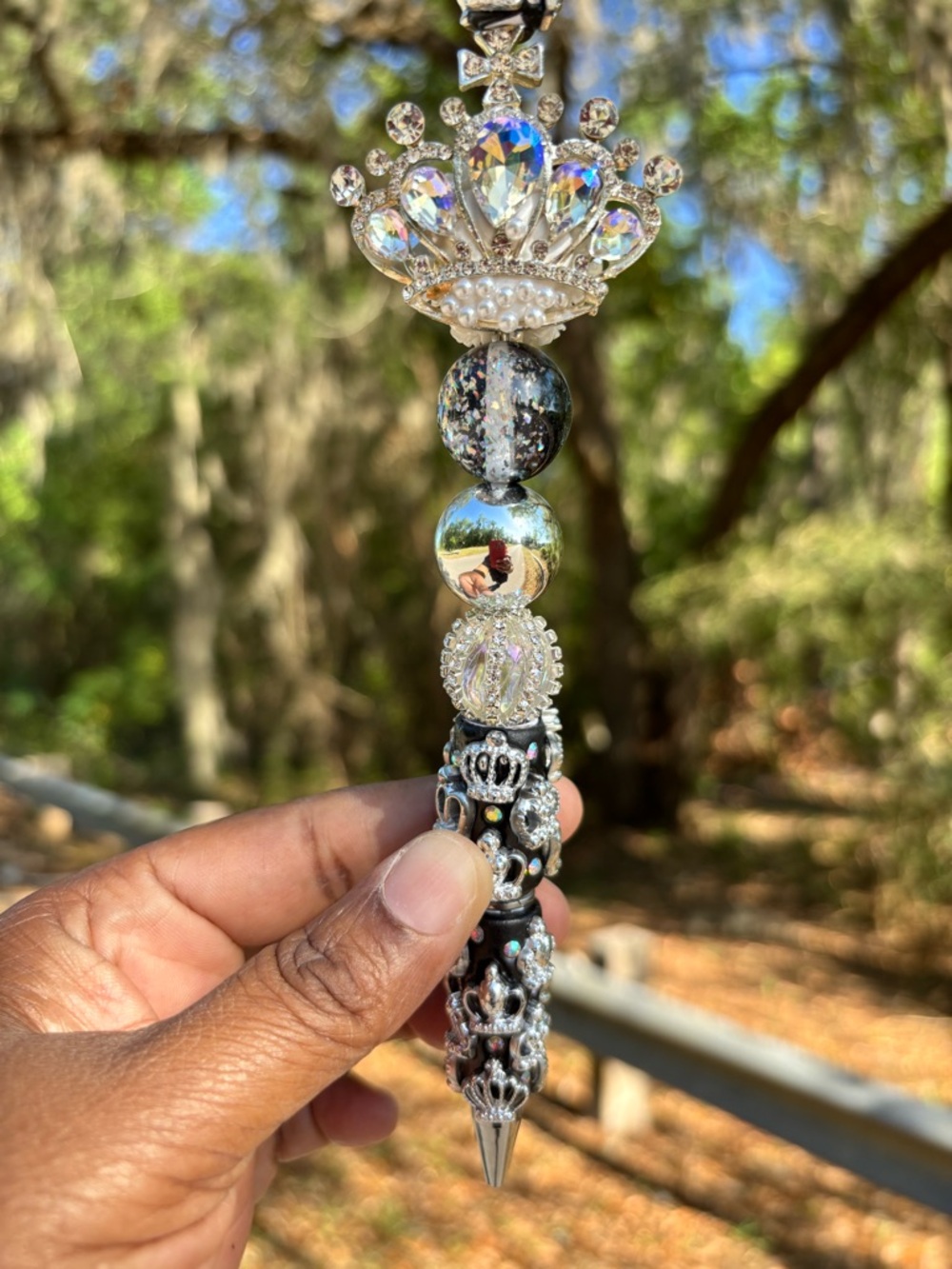 Handcrafted Silver Crown Beaded Rhinestone Pen - Iridescent & Black - Picture 3 of 3